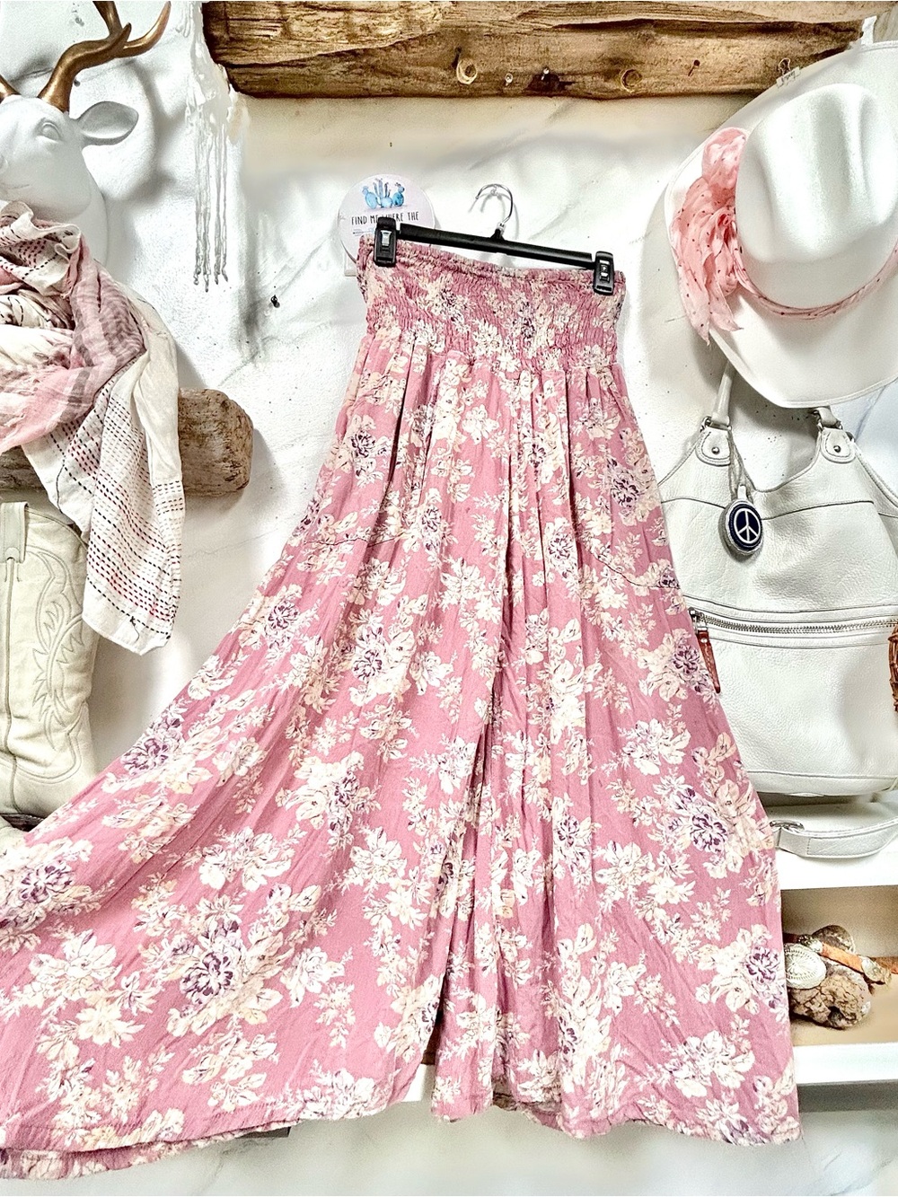 Blush Pink Floral Smocked Maxi cropped palazzo pants w resort vacay shabby chic